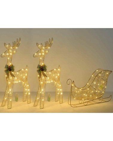 Set 2 Rentiere mit goldenem Metallschlitten mit warmweißen LED-Lichtern - 