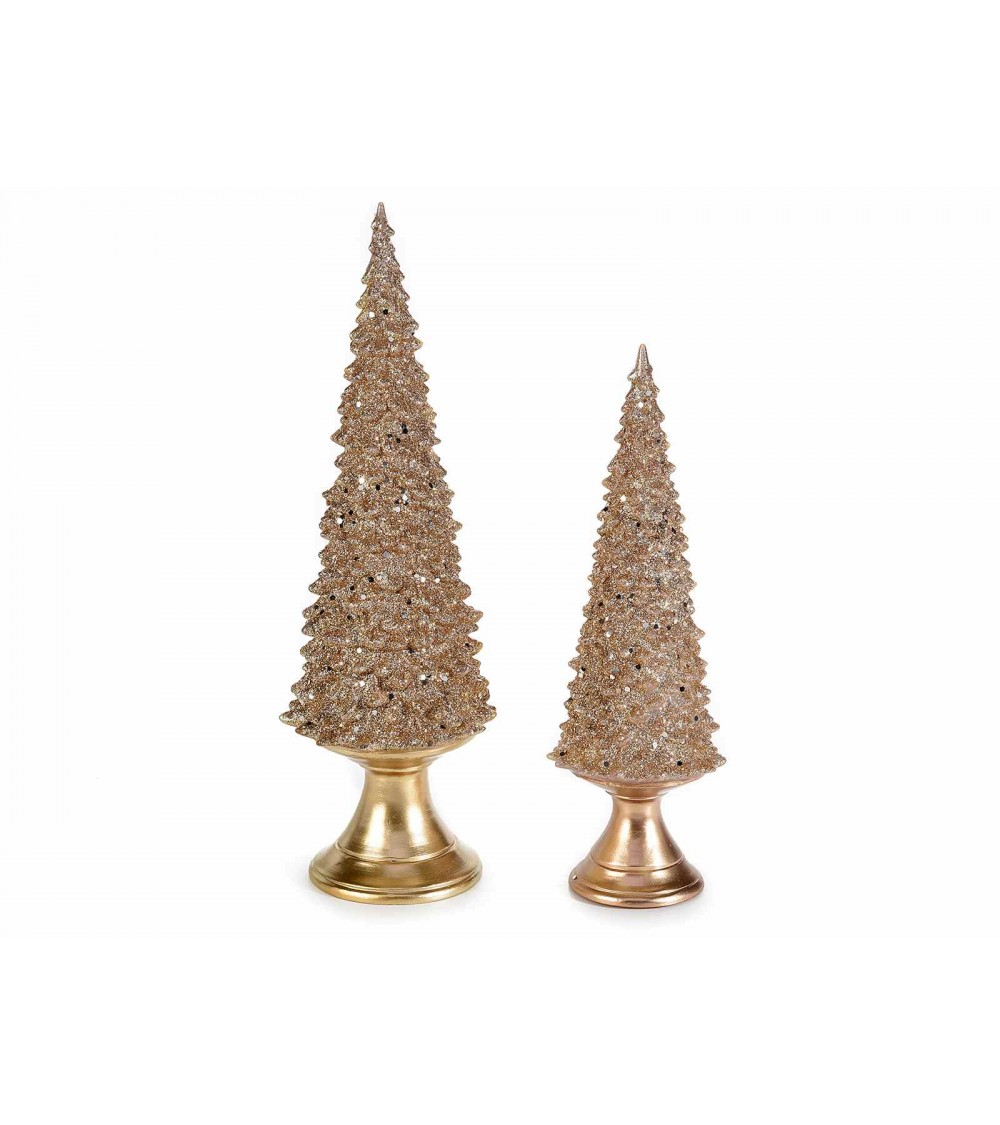 Set 2 Alberi di natale in Resina Dorata con Luci LED e Glitter - 
