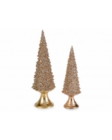 Set mit 2 Weihnachtsbäumen aus goldenem Harz mit LED-Lichtern und Glitzer - 