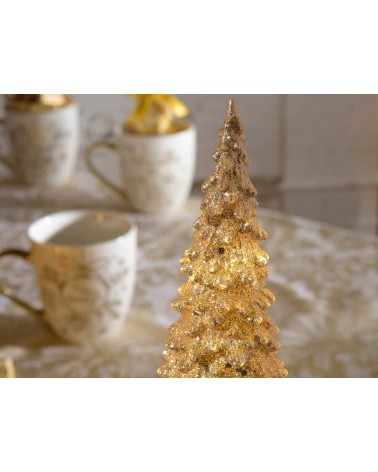Lot de 2 sapins de Noël en résine dorée avec lumières LED et paillettes - 