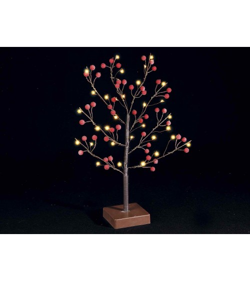 Sapin de Noël à piles avec lumières LED blanc chaud et baies rouges givrées - 