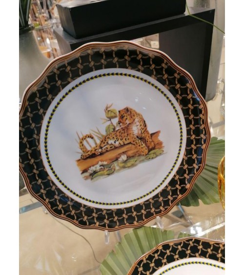 Famille Royale - Service de Table "Tigresse Royale" 18 Pièces - Assiette à bord marron et bronze et guépard au centre