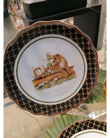 Royal Family - Servizio Piatti " Tigresse Royale" 18 Pezzi - Piatto con bordo marrone e bronzo e ghepardo al centro