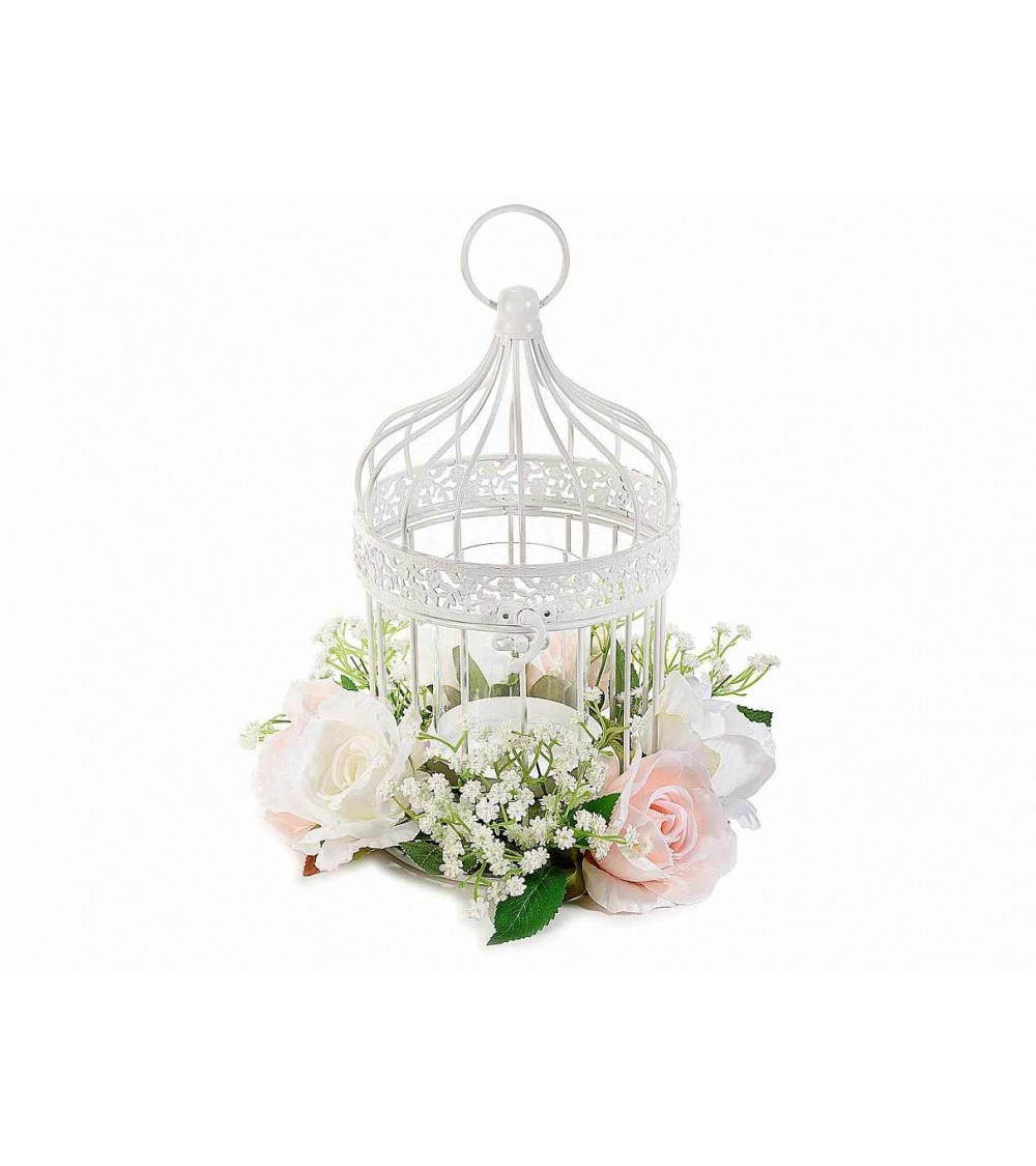 Cage en métal blanc avec bougeoir Shabby Chic - 
