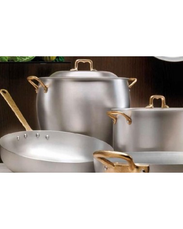 Pentola Bombata In Alluminio Professionale Con Manici In Ottone Con Coperchio - 