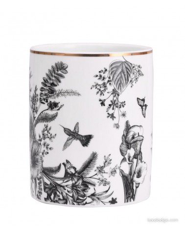 Black and Gold Toule de Jouy Ceramic Utensil Jar -  - 