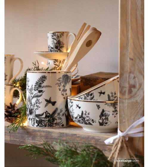 Black and Gold Toule de Jouy Ceramic Utensil Jar -  - 