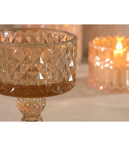 Set mit 4 bernsteinfarbenen Kerzenhaltern aus gerändeltem Glas - 
