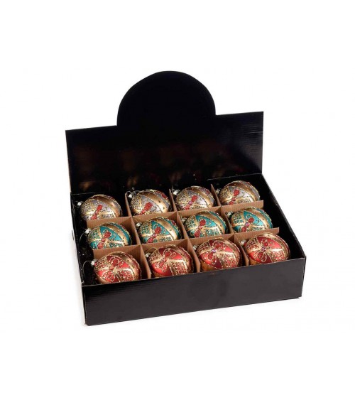 Set of 12 Glass Christmas Baubles with Gold Glitter Baroque Decoration -  - 