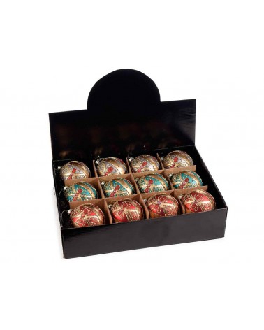 Set mit 12 Glas-Weihnachtskugeln mit goldglitzernder Barockdekoration - 