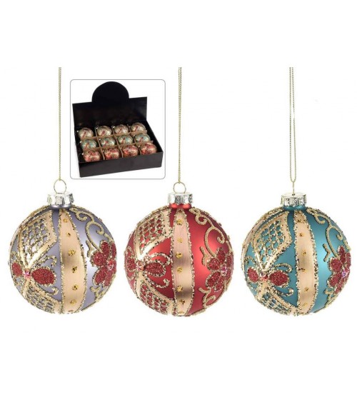 Set of 12 Glass Christmas Baubles with Gold Glitter Baroque Decoration -  - 
