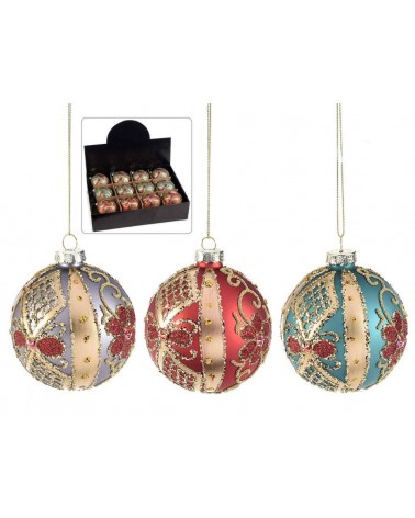 Set mit 12 Glas-Weihnachtskugeln mit goldglitzernder Barockdekoration - 