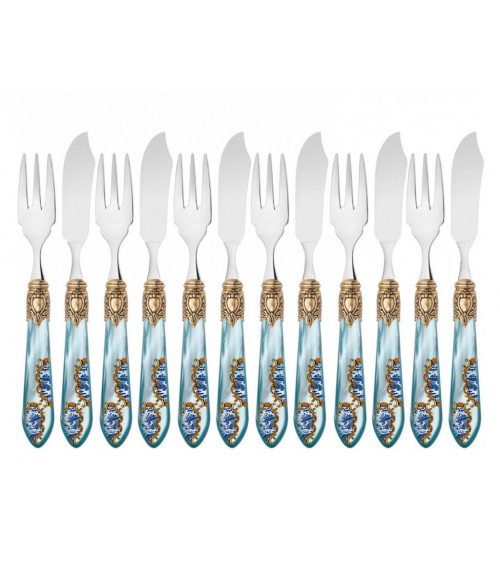 Posate Colorate Bugatti - Set 12pz Posate da Pesce - Oxford Armonia Ghiera Dorata - azzurro