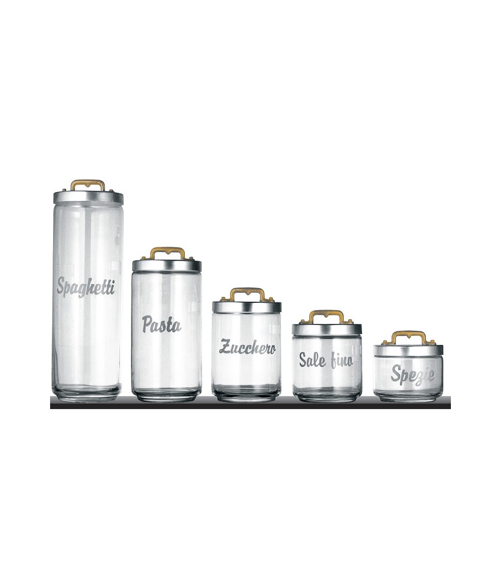 Set 5 Contenitori in vetro da Cucina con Scritta e Tappo in Alluminio e Ottone - Ottinetti - 