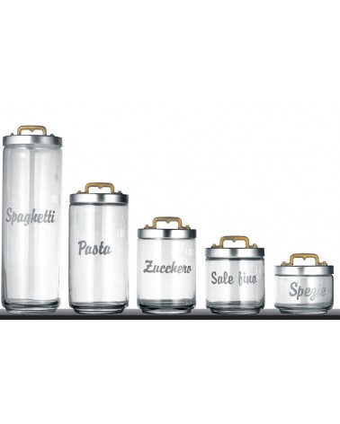Set 5 Contenitori in vetro da Cucina con Scritta e Tappo in Alluminio e Ottone - Ottinetti - 