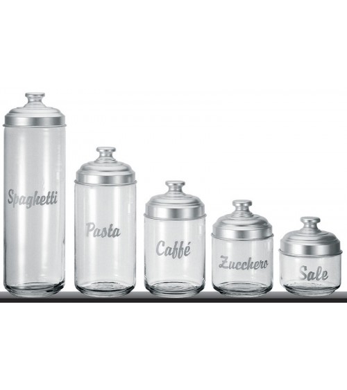 Set de 5 récipients de cuisine en verre avec écriture et bouchon en aluminium mat - Ottinetti - 