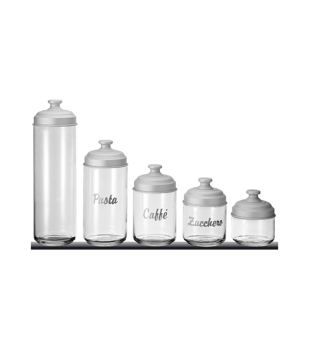 Set 5 Barattoli da Cucina in Vetro con Scritta e Coperchio in Alluminio Satinato - Ottinetti - 