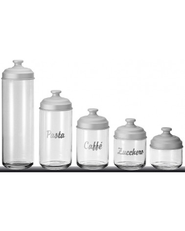 Set 5 Barattoli da Cucina in Vetro con Scritta e Coperchio in Alluminio Satinato - Ottinetti - 