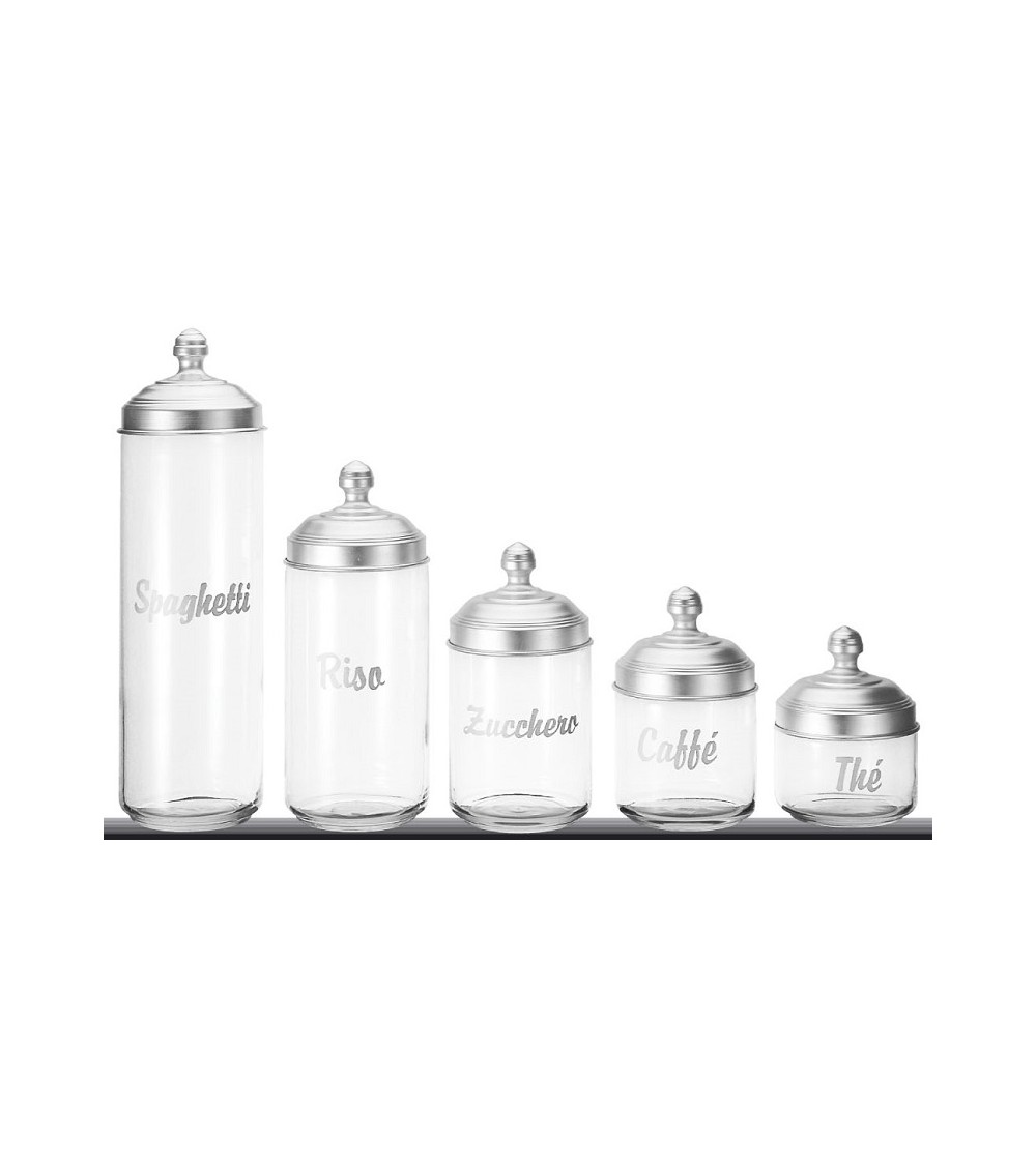 Set aus 5 Küchenbehältern aus Glas mit Beschriftung und mattem Aluminiumdeckel – Ottinetti - 