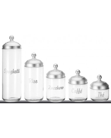 Set 5 Contenitori da Cucina in Vetro con Scritta e Coperchio in Alluminio Opaco - Ottinetti - 