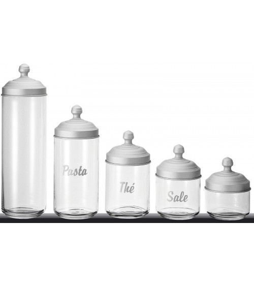 Set 5 Contenitori da Cucina in Vetro con Scritta e Coperchio in Alluminio Satinato - Ottinetti - 
