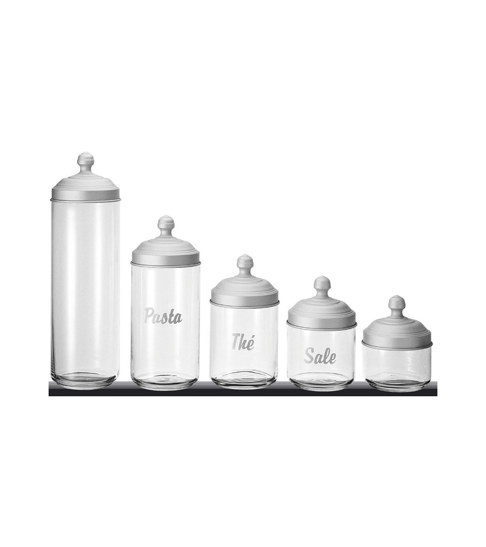 Set 5 Contenitori da Cucina in Vetro con Scritta e Coperchio in Alluminio Satinato - Ottinetti - 