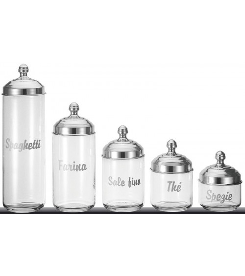 Set of 5 Glass Kitchen Containers with Writing and Polished Aluminum Lid - Ottinetti -  - 