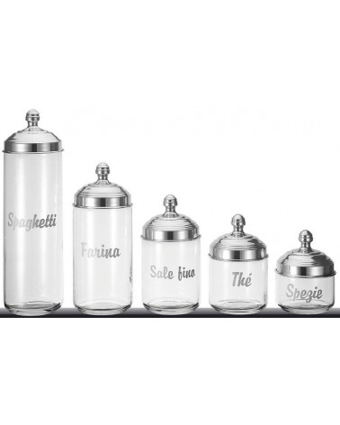 Set 5 Contenitori da Cucina in Vetro con Scritta e Coperchio in Alluminio Lucido - Ottinetti - 