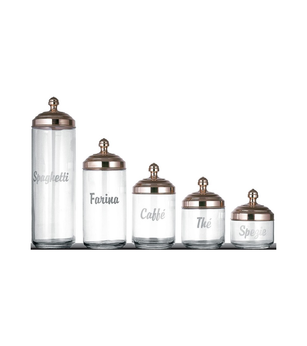 Set of 5 Glass Kitchen Containers with Writing and Polished Copper Cap - Ottinetti -  - 
