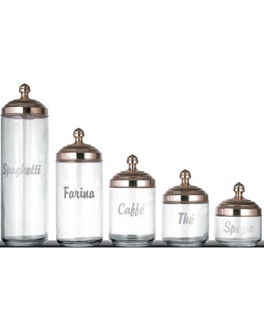 Set of 5 Glass Kitchen Containers with Writing and Polished Copper Cap - Ottinetti -  - 