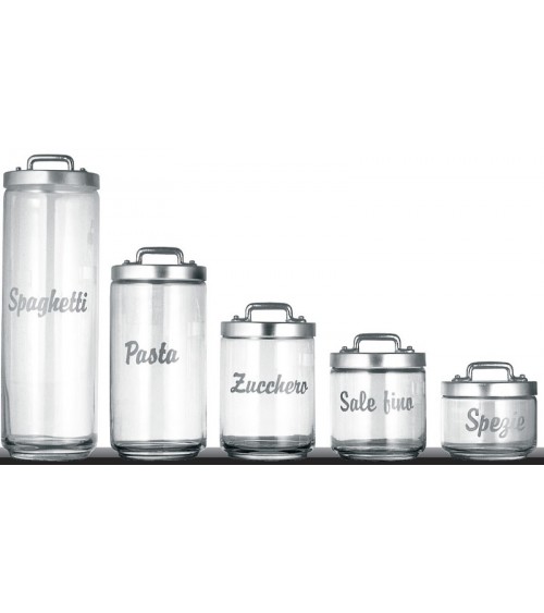 Ensemble de 5 récipients de cuisine en verre avec écriture, capuchon et pont en aluminium - Ottinetti - 