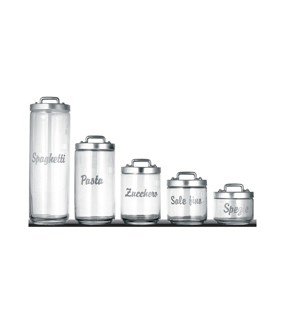 Set 5 Contenitori in Vetro da Cucina con Scritta e Tappo e Ponticello in Alluminio- Ottinetti - 