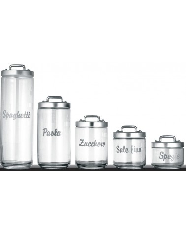 Set of 5 Glass Kitchen Containers with Writing, Cap and Aluminum Bridge - Ottinetti -  - 
