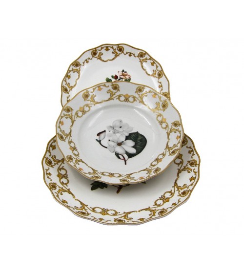 Flora Danica - Service de table en porcelaine 18 pièces Made in Italy - Famille royale Sheffield - avec des fleurs au centre