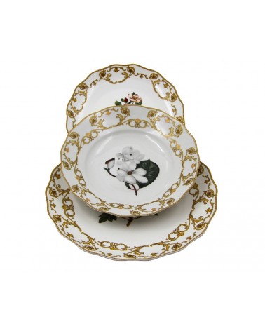 Flora Danica - Service de table en porcelaine 18 pièces Made in Italy - Famille royale Sheffield - avec des fleurs au centre