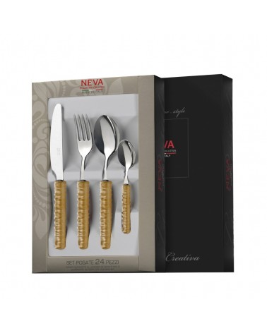 Besteck 24-teilig mit beigem Rattandekor - Neva Posateria