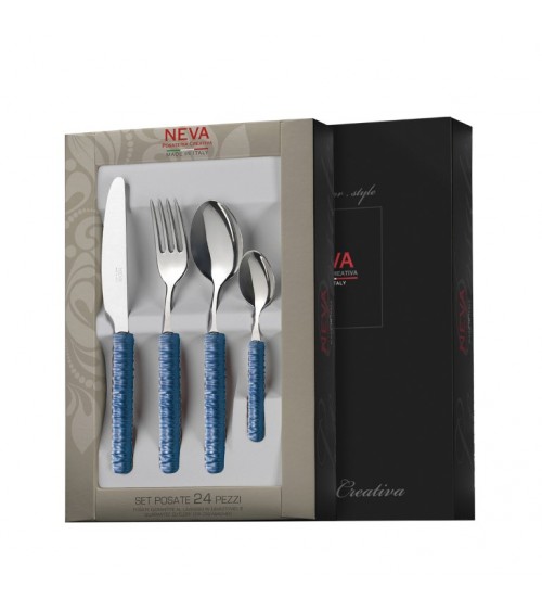 Couverts 24 Pcs avec Décoration Rotin Bleu - Neva Posateria