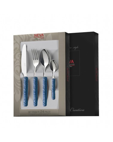 Cutlery 24 Pcs with Blue Rattan Decoration - Neva Posateria