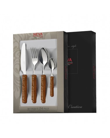 Posate 24 Pz con Decoro Rattan marrone cuoio - Neva Posateria