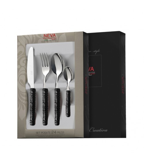 Besteck 24-teilig mit schwarzem Rattandekor - Neva Posateria