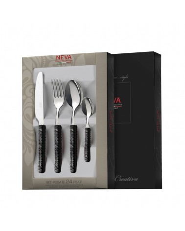 Couverts 24 Pcs avec Décoration Rotin Noir - Neva Posateria