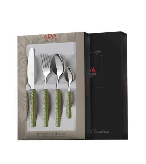 Couverts 24 Pcs avec Décoration Rotin Vert Sauge - Neva Posateria