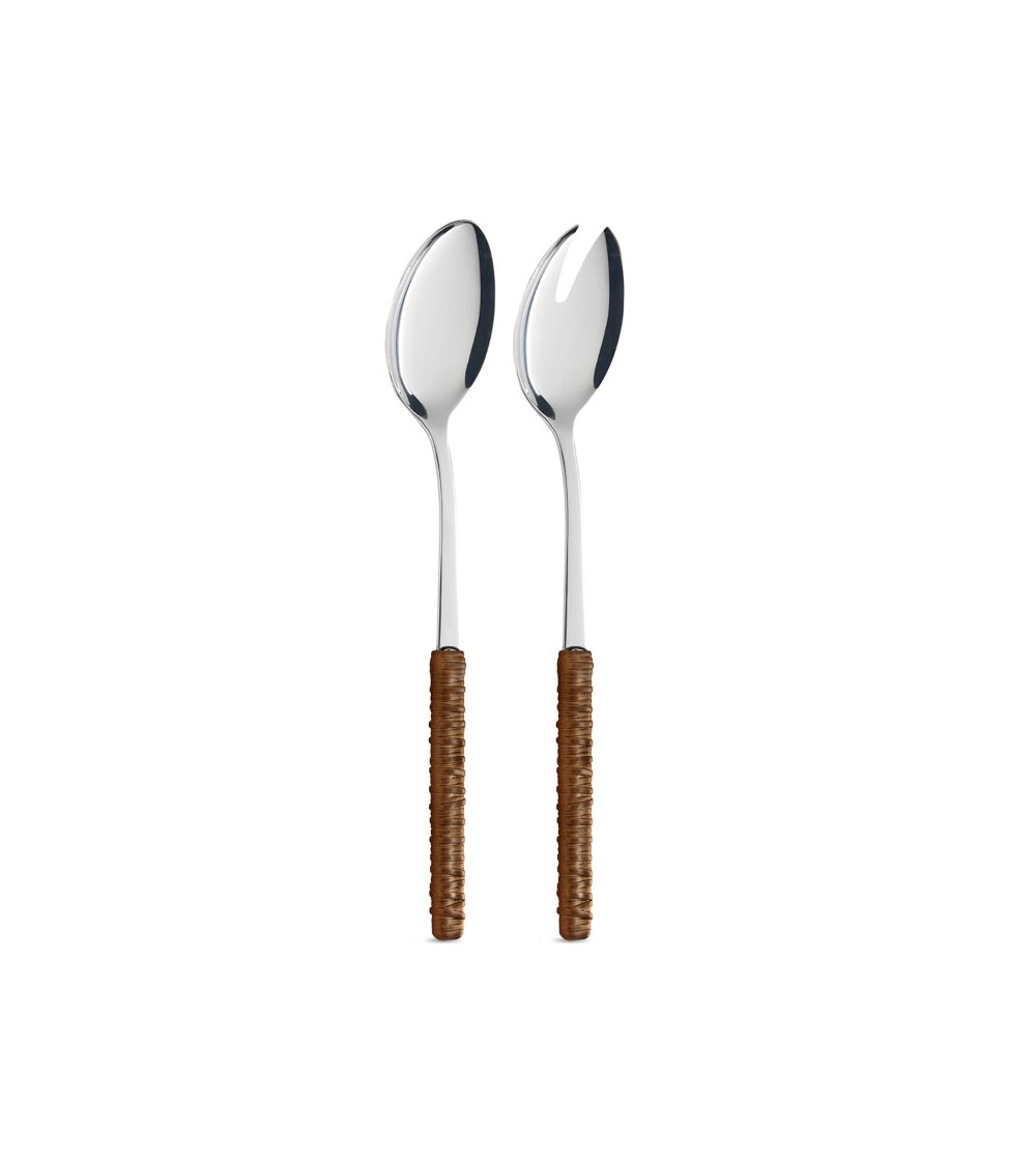 Coppia Insalata con Decoro Rattan marrone cuoio - Neva Posateria