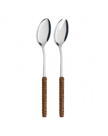 Coppia Insalata con Decoro Rattan marrone cuoio - Neva Posateria