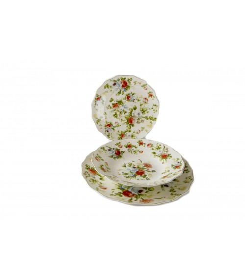 Service de table de 18 pièces pour six personnes, avec une délicate décoration de roses dans un style shabby chic/romantique