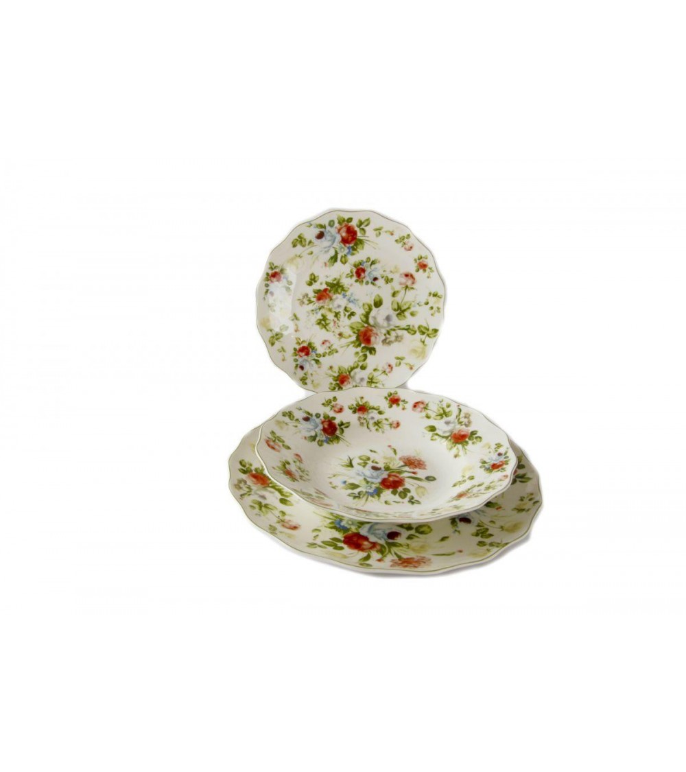 Service de table de 18 pièces pour six personnes, avec une délicate décoration de roses dans un style shabby chic/romantique
