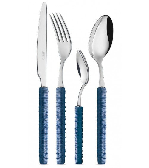 Besteck 24-teilig mit Rattan-Dekoration - Neva Posateria - blau