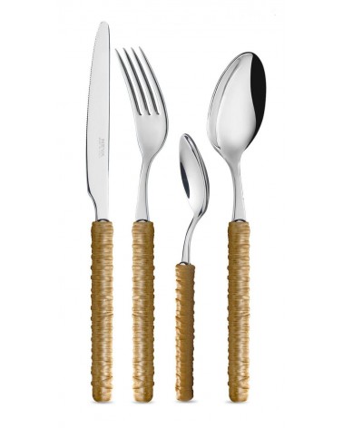 Couverts 24 Pièces avec Décoration Rotin - Neva Posateria - Beige