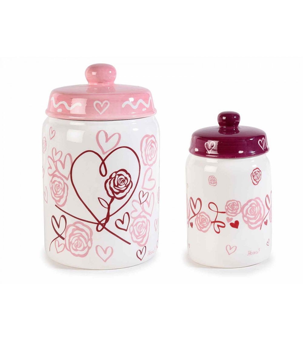Set 2 Barattoli da Cucina in Ceramica Decorata - "Rose & Cuori" - 