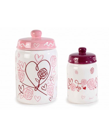 Set 2 Barattoli da Cucina in Ceramica Decorata - "Rose & Cuori" - 